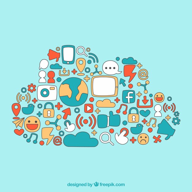 Elementos de redes sociales dibujados a mano dentro de una nube