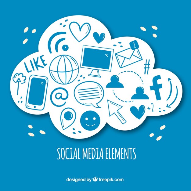 Elementos de redes sociales dibujados a mano dentro de una nube
