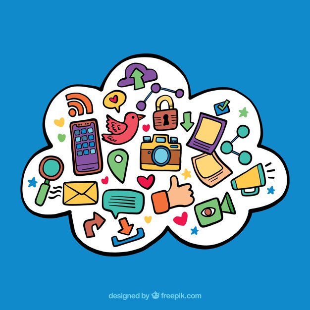 Elementos de redes sociales dibujados a mano dentro de una nube
