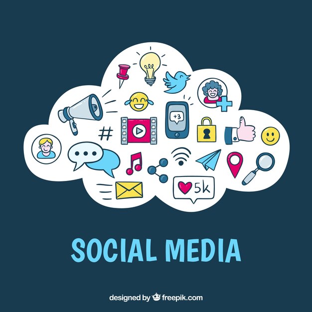Elementos de redes sociales dibujados a mano dentro de una nube