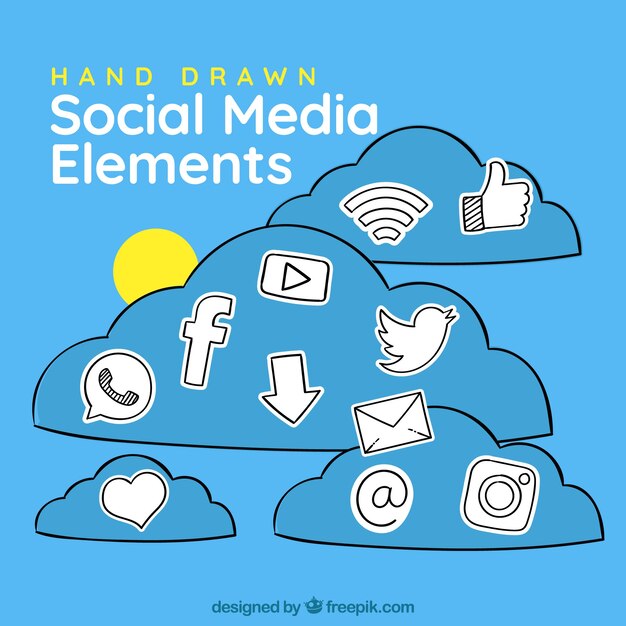 Elementos de redes sociales dibujados a mano dentro de una nube