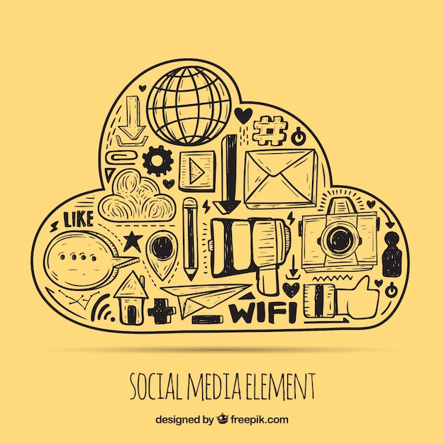 Elementos de redes sociales dibujados a mano dentro de una nube