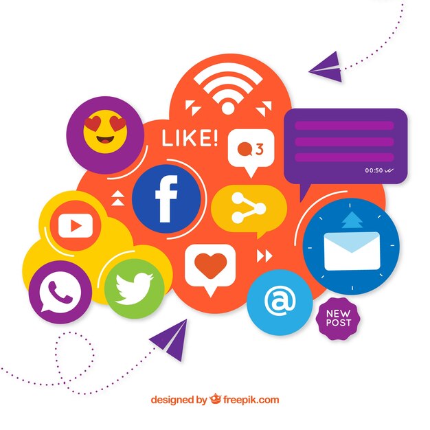 Elementos de redes sociales en forma de nube en estilo plano