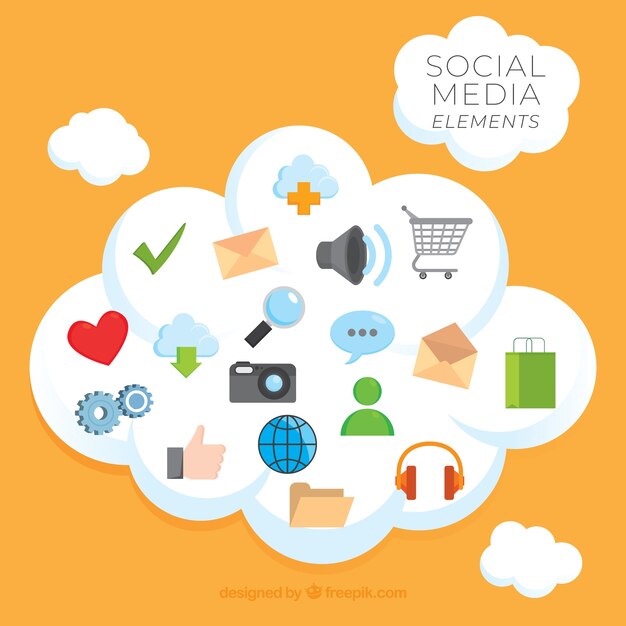 Elementos de redes sociales en forma de nube en estilo plano