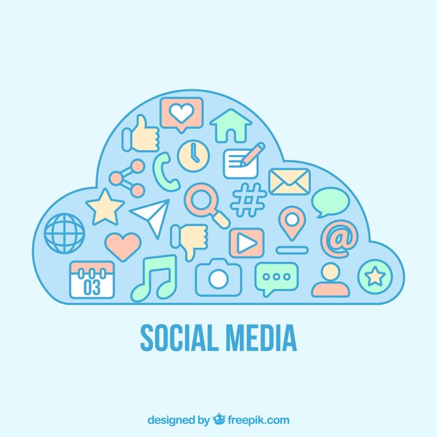 Elementos de redes sociales en forma de nube en estilo plano
