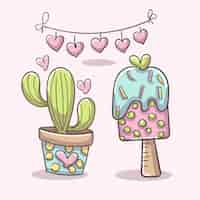 Vector gratuito elementos románticos con helado y planta de cactus