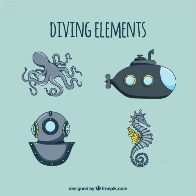 Elementos de submarinismo dibujados a mano