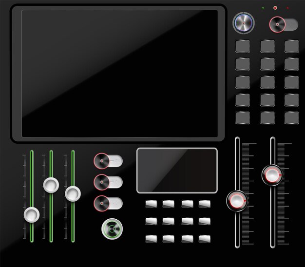 Elementos del tablero composición realista con vista plana del panel de control con perillas de pantalla grande e interruptores ilustración vectorial