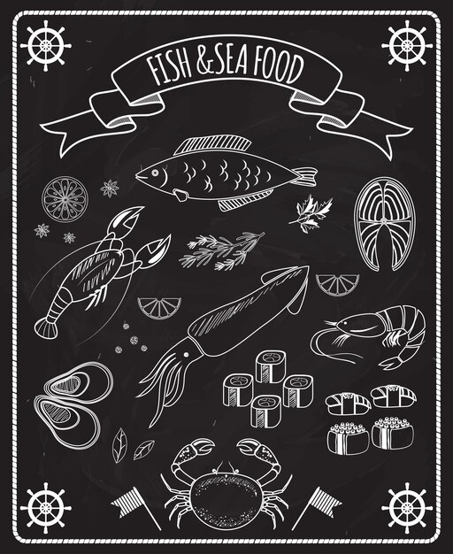 Elementos de vector de pizarra de pescado y marisco con dibujos de líneas blancas de barcos de pescado ruedas calamares langosta cangrejo sushi camarón langostino mejillón filete de salmón en un marco con una pancarta de cinta