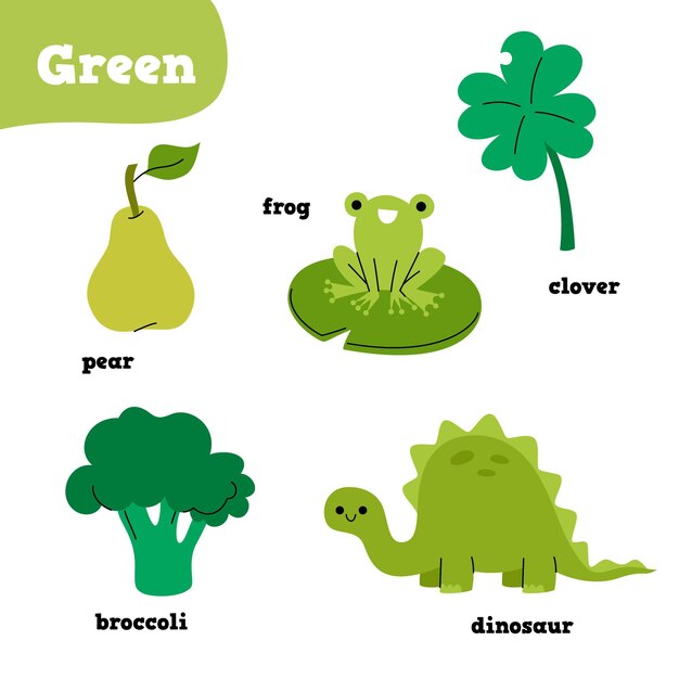 Elementos verdes con palabras en inglés.