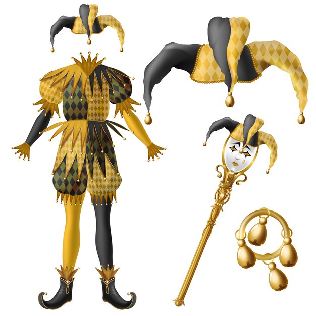 Elementos de vestuario medieval de bufón, sombrero a cuadros, colores negro y amarillo con campanas