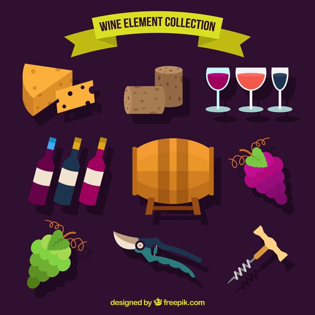 Elementos de vino en estilo plano