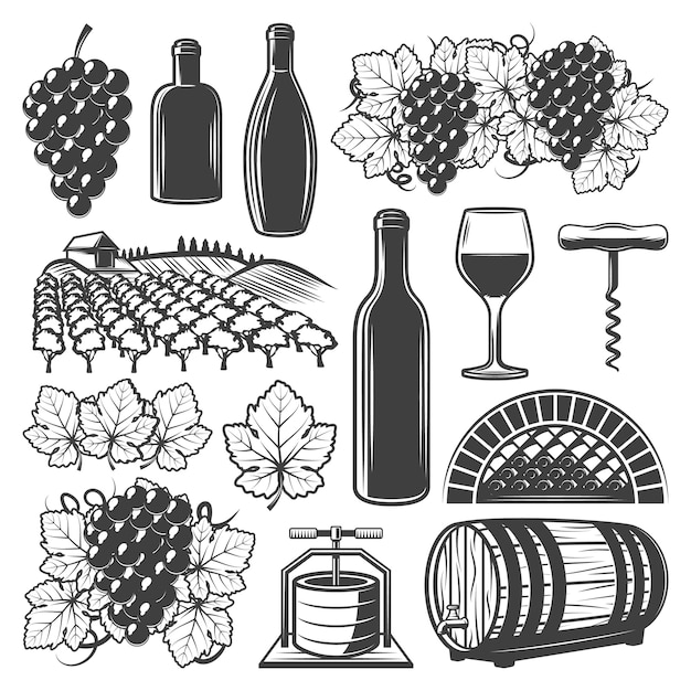 Elementos de vino vintage con copa de vino botellas de barril de madera viñedo racimos de uva sacacorchos aislado