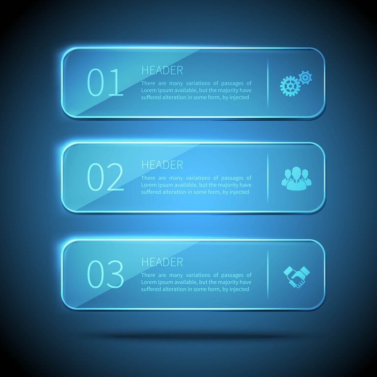 Vector gratuito elementos web 3 placas de vidrio para infografía sobre fondo azul