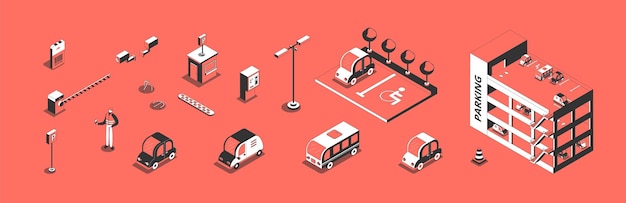 Los elementos de la zona de estacionamiento y los iconos isométricos de diferentes autos establecen una ilustración vectorial aislada en 3d