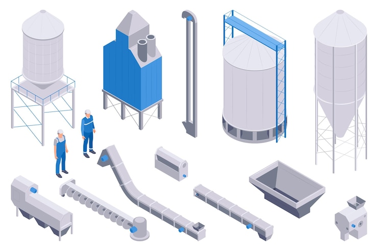 Vector gratuito elevador de granos de producción isométrica conjunto de íconos aislados con personajes de silos de trabajadores e ilustración de vectores de barrena