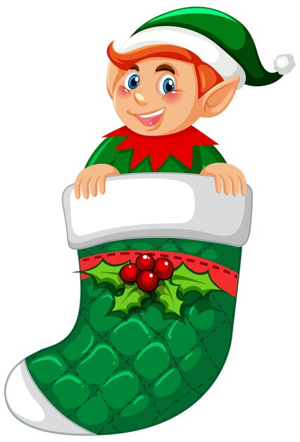Elf en personaje de dibujos animados de calcetín de Navidad