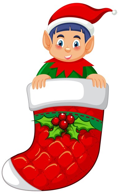 Elf en personaje de dibujos animados de calcetín de Navidad