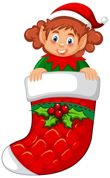 Elf en personaje de dibujos animados de calcetín de Navidad