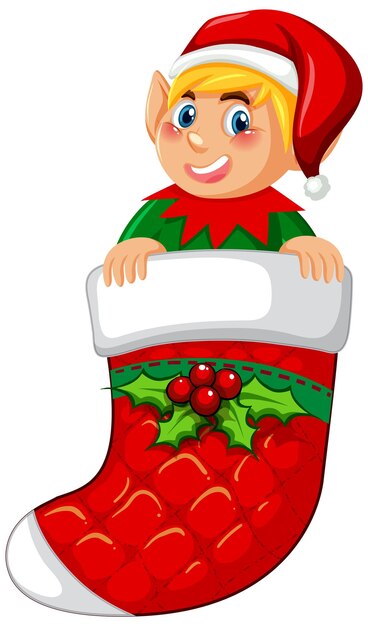 Elf en personaje de dibujos animados de calcetín de Navidad