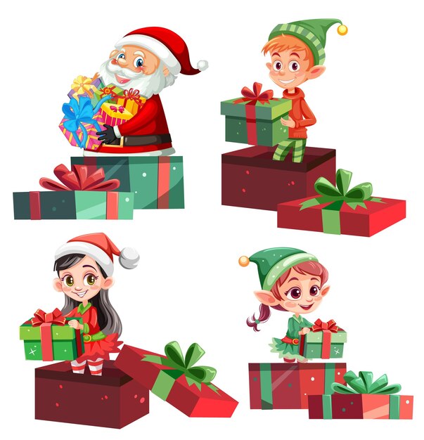 Elfos festivos y Papá Noel con regalos de Navidad