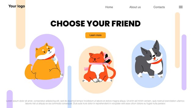 Elija la página de destino de su amigo Mascotas domésticas Adopción de gatos y perros presentación en el mercado del zoológico de lindos cachorros korgi y shiba inu Concepto de cuidado de mascotas y amor por los animales Banner web de vector plano lineal
