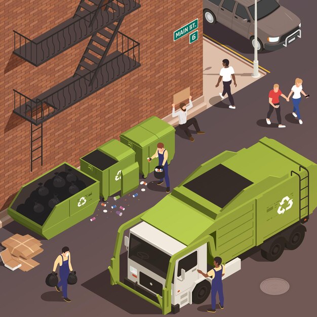 Eliminación de basura isométrica con personas masculinas en uniforme cargando desechos en camiones desde contenedores