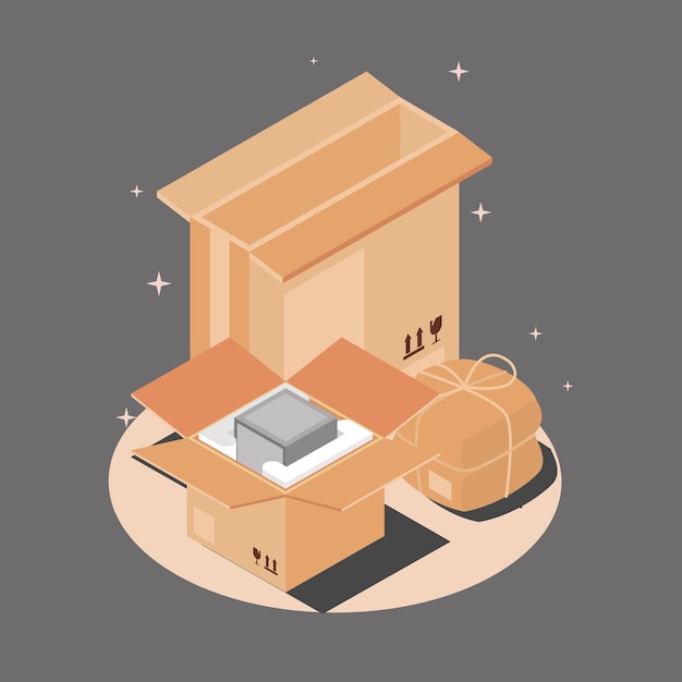 embalaje de cajas de cartón con gadget, isométrica
