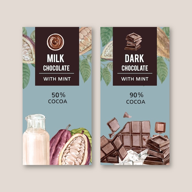 Vector gratuito embalaje de chocolate con ingredientes rama cacao, ilustración acuarela