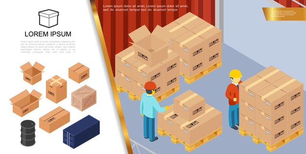 Embalaje y entrega isométricos con trabajadores de almacenamiento de pie cerca de cajas de cartón en paletas ilustración
