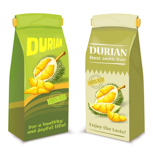 Vector gratuito el embalaje para el jugo de durian exótico,