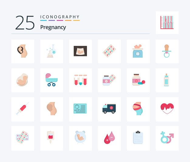 Embarazo 25 paquete de iconos de color plano que incluye maternidad de sonograma de prueba de bebé