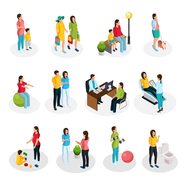 Embarazo isométrico con mujeres embarazadas caminando de compras médico visitante jugando con niños haciendo ejercicios deportivos procedimientos de diagnóstico médico aislados