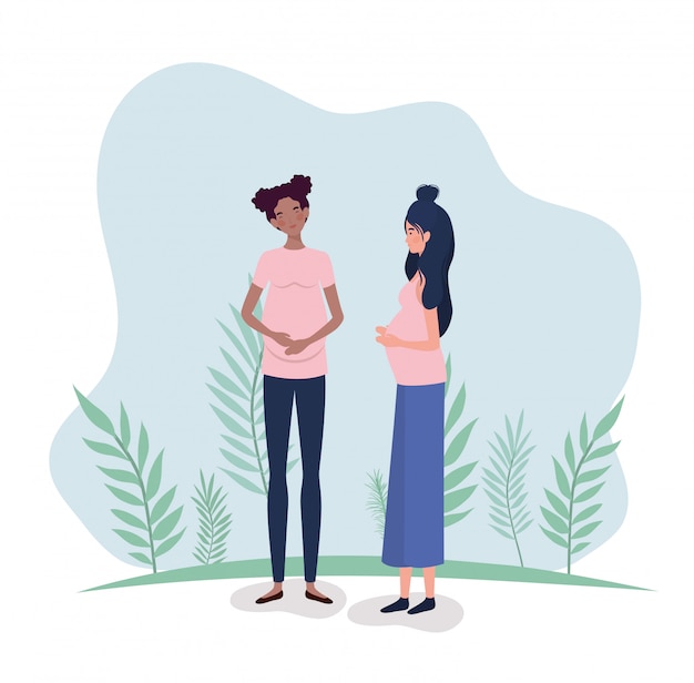 Vector gratuito embarazo lindo de mujeres interraciales en el paisaje.