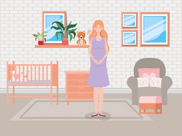 Embarazo de mujer hermosa en escena de dormitorio de bebé
