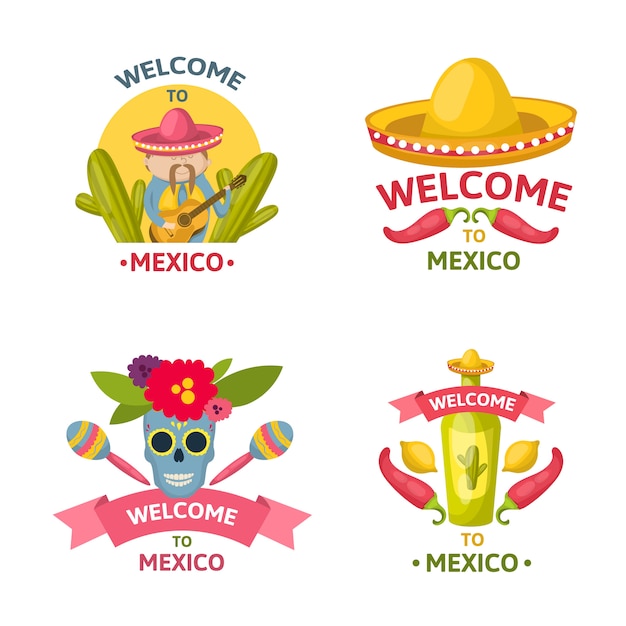 Emblema de bienvenida mexicana con bienvenida a méxico descripciones aisladas y coloreadas ilustración vectorial