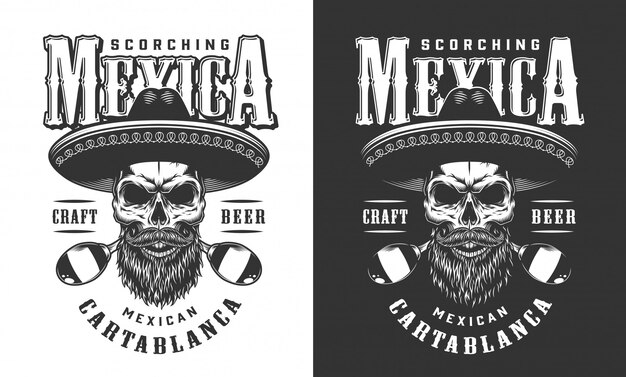 Emblema de calavera mexicana con barba y bigote