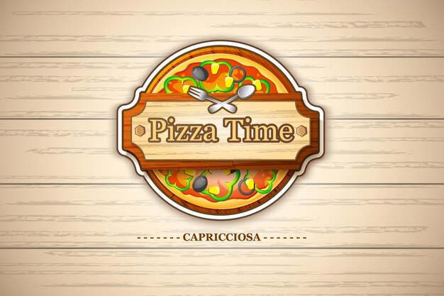 Emblema colorido de pizza margherita con ingredientes de queso y tomate en la ilustración de madera