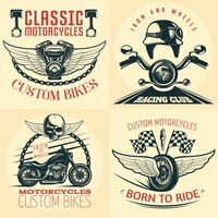 Vector gratuito emblema detallado de cuatro motos cuadradas en la luz con descripciones de bicicletas personalizadas nacidas para andar y hierro y ruedas ilustración vectorial