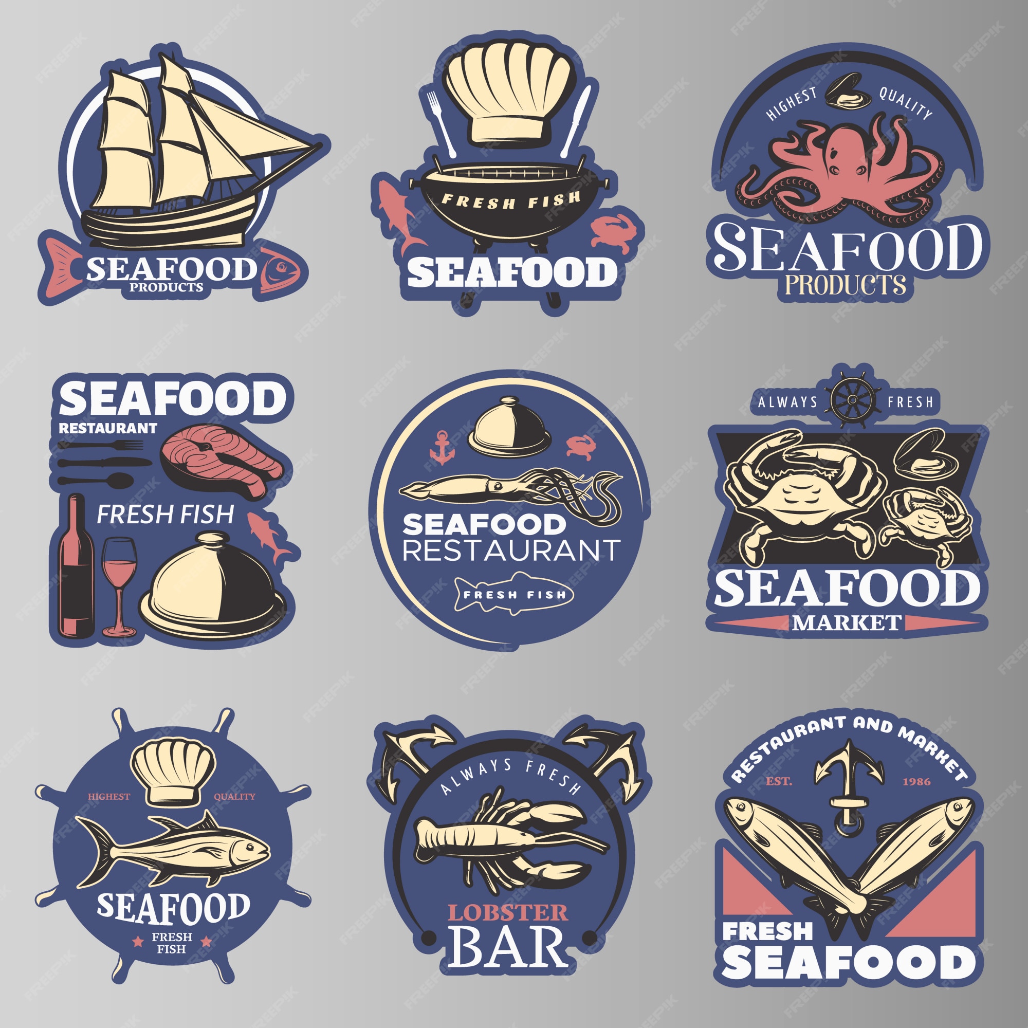 Emblema de mariscos en color con productos de mariscos de la más alta  calidad restaurante de mariscos descripciones de barra de langosta de  pescado fresco | Vector Gratis