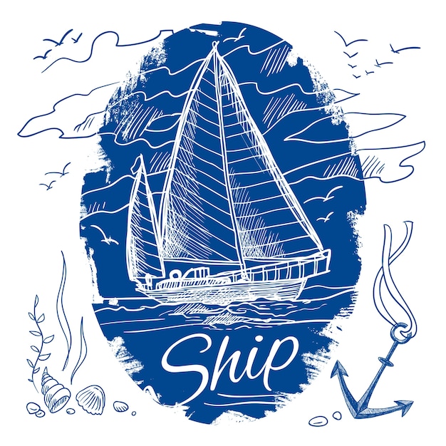 Vector gratuito emblema náutico con boceto de color azul bosque schooner nave y el mar de fondo ilustración vectorial