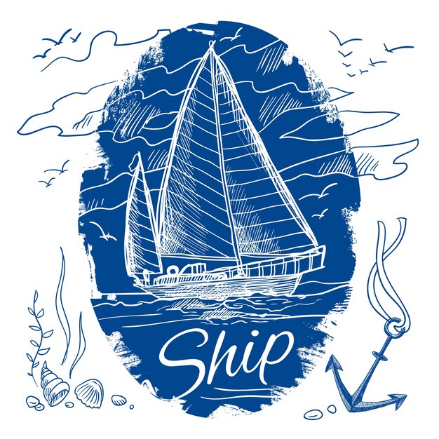 Emblema náutico con boceto de color azul bosque schooner nave y el mar de fondo ilustración vectorial