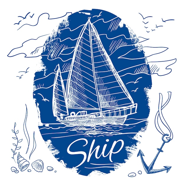 Emblema náutico con boceto de color azul bosque schooner nave y el mar de fondo ilustración vectorial