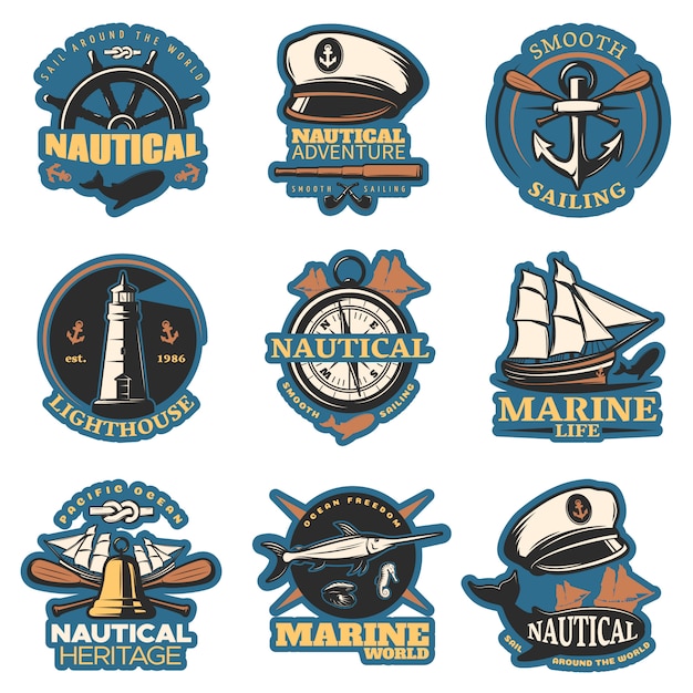 Vector gratuito emblema náutico en color con suave navegación náutica aventura marina vida marina y otras descripciones