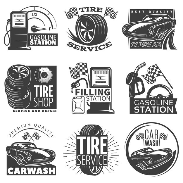 Emblema negro de servicio de coche con descripciones de ilustración de vector de estación de servicio de lavado de coches de servicio de neumáticos