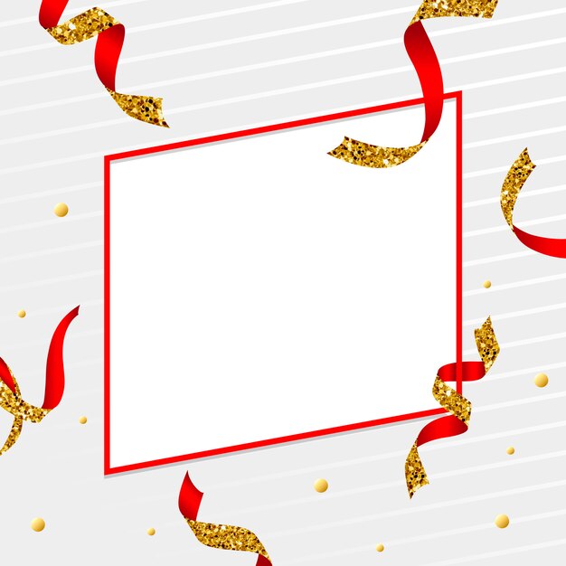 Emblema de oro y rojo en blanco con vector de confeti