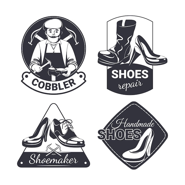 Emblema plano de servicio de reparación de zapatos con cuatro logotipos de estilo vintage monocromáticos aislados para la ilustración de vector de taller de zapateros