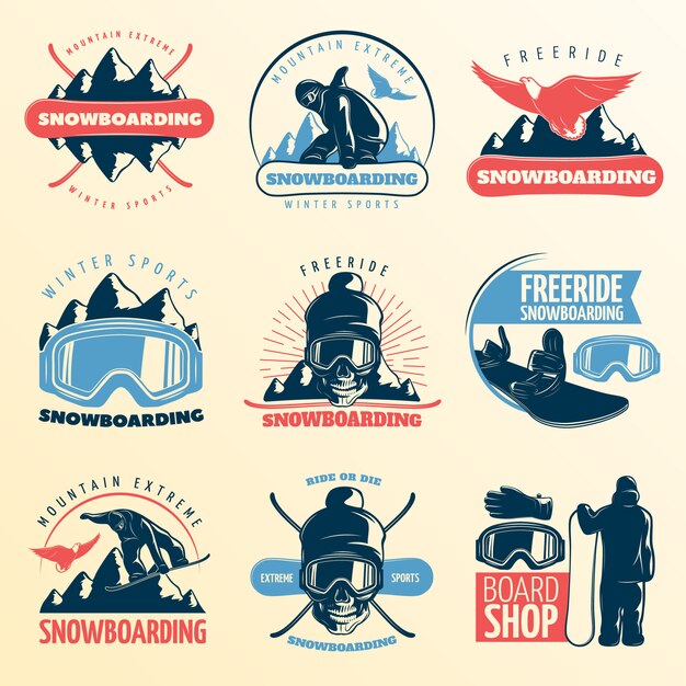 Emblema de snowboard en color con freeride de deportes de invierno extremos de montaña y descripciones de tienda de tablero ilustración vectorial