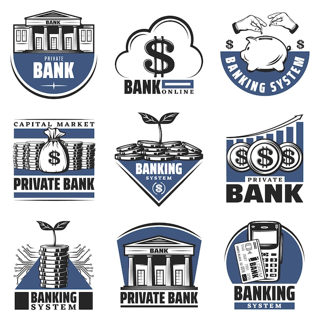 Emblemas bancarios de colores vintage con alcancía edificio dinero en efectivo pilas monedas calculadora flecha creciente aislada
