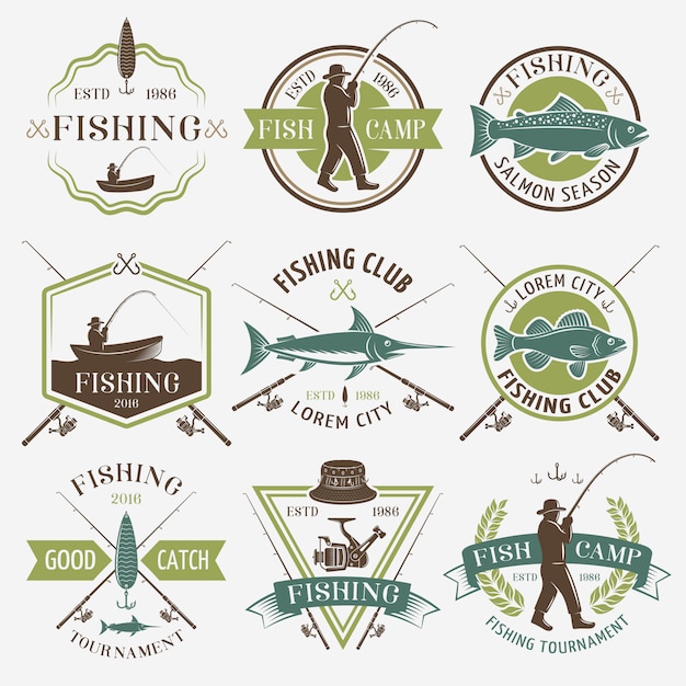 Vector gratuito emblemas coloridos de los clubes de pesca